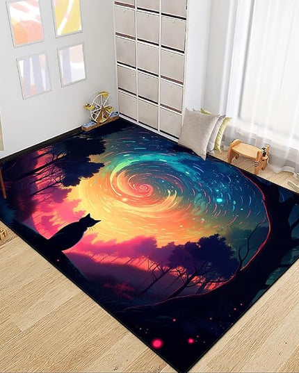 Moon Black Cat Rug - Mystical Stary Night Cat Rug for Kids Bedroom Colorful Black Cat Rug Decor Room Cat Door Mats Outdoor Entrance, 3x5 Feet - LeafyLoom