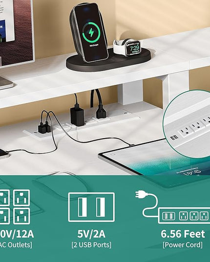YITAHOME L Shaped Desk with 3 Drawers, 65" Corner Computer Desk with Power Outlets & LED Lights, L-Shaped Desk with File Cabinet & Printer Stand for Home Office, White - LeafyLoom