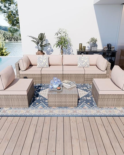 Shintenchi 7 Pieces Outdoor Patio Sectional Sofa Couch,Natural PE Wicker Furniture Conversation Sets with Washable Cushions & Glass Coffee Table for Garden, Poolside, Backyard (Khaki) - LeafyLoom