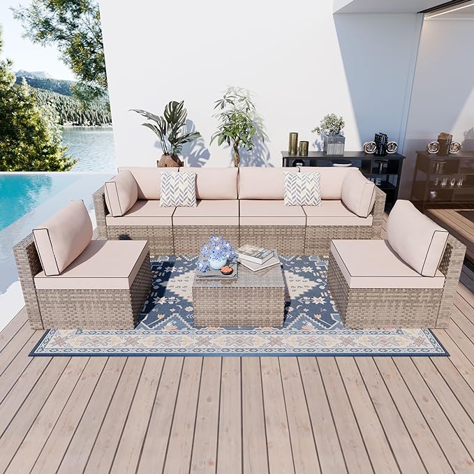 Shintenchi 7 Pieces Outdoor Patio Sectional Sofa Couch,Natural PE Wicker Furniture Conversation Sets with Washable Cushions & Glass Coffee Table for Garden, Poolside, Backyard (Khaki) - LeafyLoom