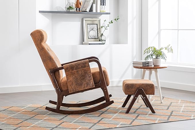 Armchair with Ottoman, Mid-Century Upholstered Accent Nursery, Glider Rocker Thick Cushion, Comfy Indoor Leisure Lounge Living Room, Bedroom, Office, Rocking Chair, Coffee - LeafyLoom