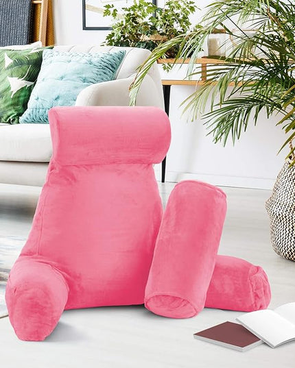 Clara Clark Reading Pillow, Large Back Pillow for Sitting Up in Bed, Memory Foam Back Support Pillow, Reading Pillows for Sitting in Bed Adult, Light Pink Sit Up Pillow for Bed with Arms and Pockets - LeafyLoom