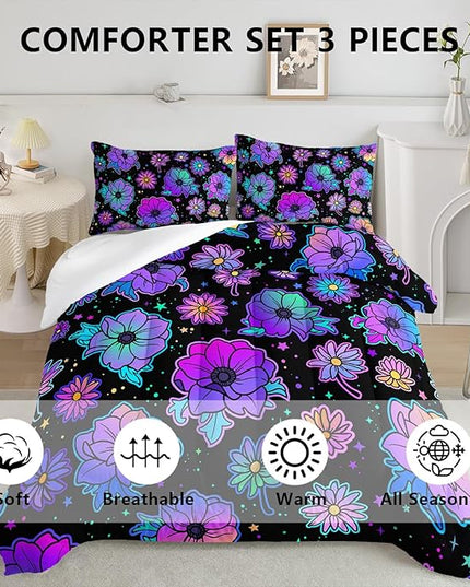 Axolotl Neon Floral Bedding Set Queen,Gradient Floral Comforter Set for Girls,Colorful Flower Bedding Set Stars,Galaxy Series Comforter for Kids Boys Girls Teens Adults,1 Quilt 2 Pillowcases,Black - LeafyLoom