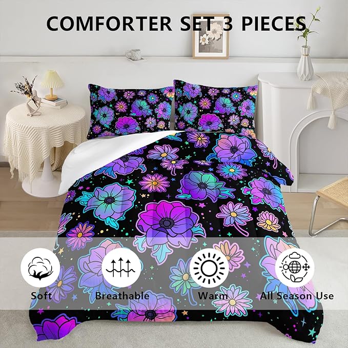 Axolotl Neon Floral Bedding Set Queen,Gradient Floral Comforter Set for Girls,Colorful Flower Bedding Set Stars,Galaxy Series Comforter for Kids Boys Girls Teens Adults,1 Quilt 2 Pillowcases,Black - LeafyLoom