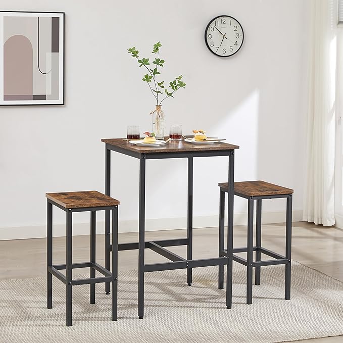 NicBex Small Dining Table for 2 Kitchen Tables and Chairs Bar Table Set, Square Bar Table with 2 Bar Chairs for Kitchen Breakfast Table, Bar, Banquet Hall, Space Saving, Rustic Brown - LeafyLoom