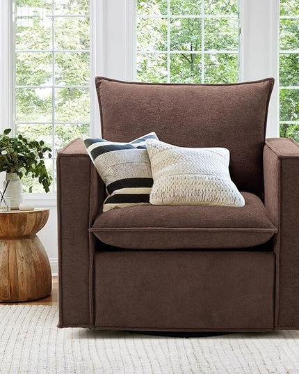 COLAMY Swivel Accent Chair for Living Room, 34inches Wide Upholstered Arm Chair with Plump Back Pillow, Modern Sofa Living Room Chair for Bedroom, Corner, Reading Nook-Brown - LeafyLoom