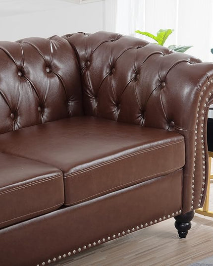 3-Seaters Living Room Clasic Chesterfield Sofa Couch Button Tufted PU Leather Upholstered Sofa&Couch with Luxury Roller Armrest Soild Wood Legs Movable Cushions & Nailhead Decor - LeafyLoom