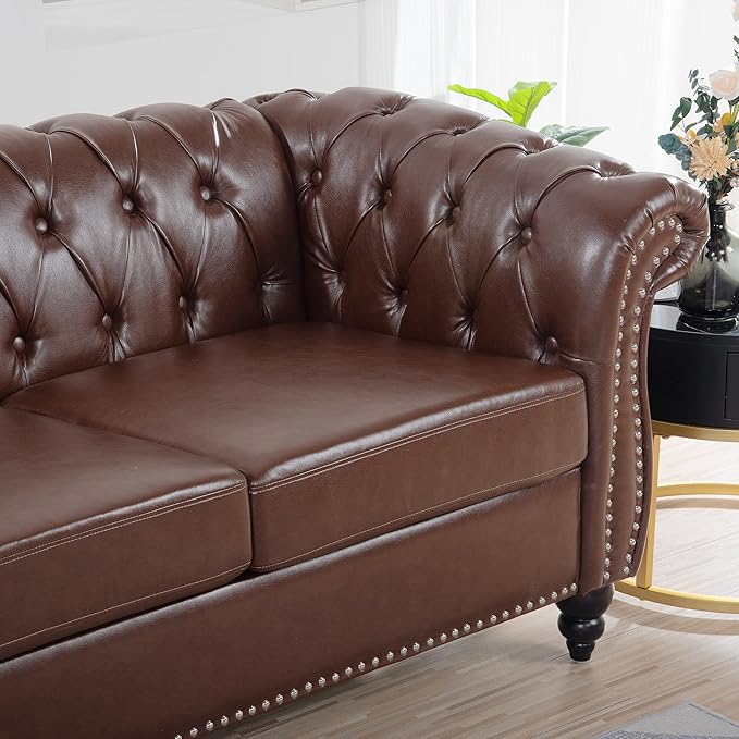 3-Seaters Living Room Clasic Chesterfield Sofa Couch Button Tufted PU Leather Upholstered Sofa&Couch with Luxury Roller Armrest Soild Wood Legs Movable Cushions & Nailhead Decor - LeafyLoom
