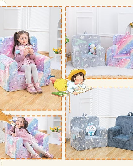 Snuggly-Soft Cuddly Toddler Plush Armchair for Boys and Girls Glowing Pink Fuzzy Plush Kids Sofa Couch Reading Chair with Children Friendly Handle for Easy Movement & Double Pockets for Storage - LeafyLoom
