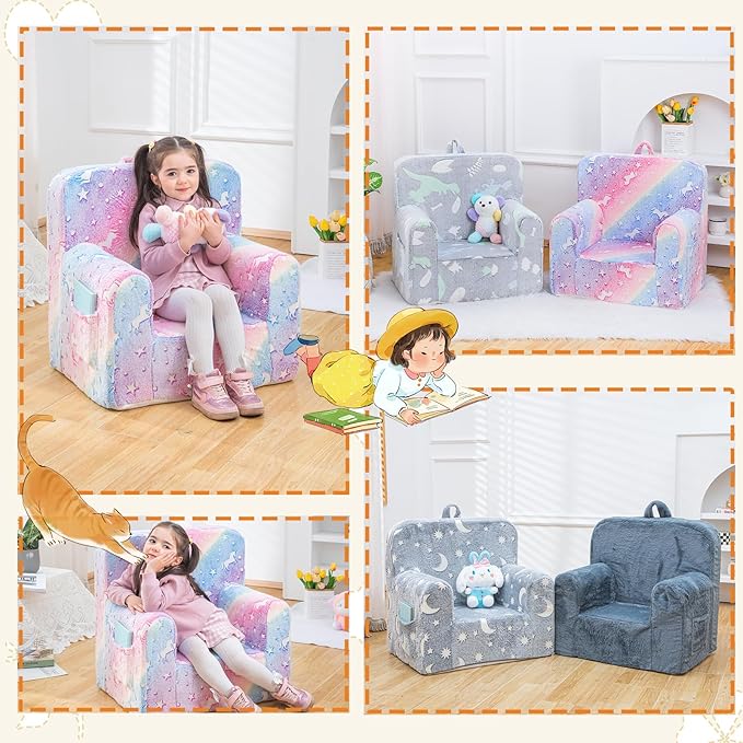 Snuggly-Soft Cuddly Toddler Plush Armchair for Boys and Girls Glowing Pink Fuzzy Plush Kids Sofa Couch Reading Chair with Children Friendly Handle for Easy Movement & Double Pockets for Storage - LeafyLoom