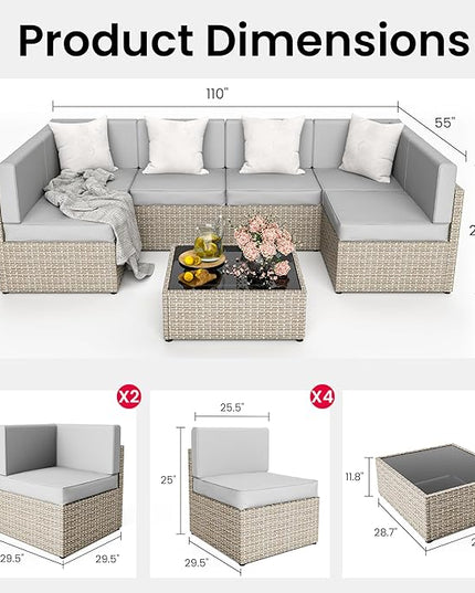 Pamapic Outdoor Sectional Furniture for 6,Wicker Patio Furniture,All-Weather Gray PE Rattan Sectional Sofa, Conversation Set with Washable Cushions Covers and Coffee Table for Garden Poolside - LeafyLoom