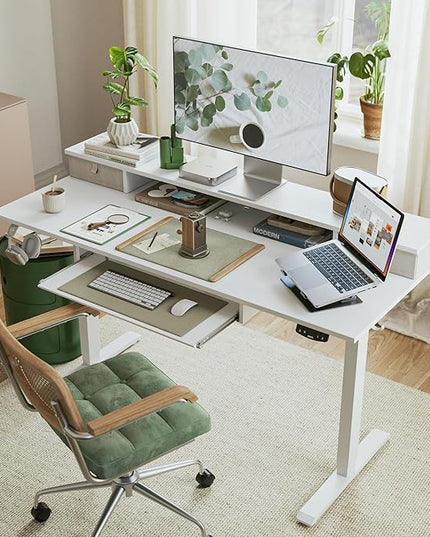Electric Standing Desk with 2 Drawers and Keyboard Tray, 55 x 24 Inches Ergonomic Adjustable Height Desk with Storage, Sit Stand up Desk Computer Workstation, White - LeafyLoom