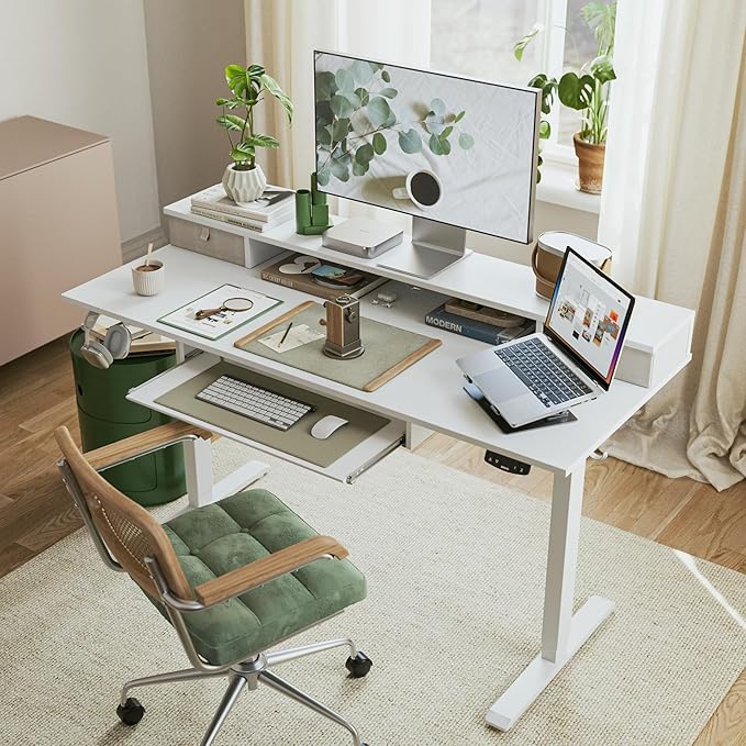Electric Standing Desk with 2 Drawers and Keyboard Tray, 55 x 24 Inches Ergonomic Adjustable Height Desk with Storage, Sit Stand up Desk Computer Workstation, White - LeafyLoom