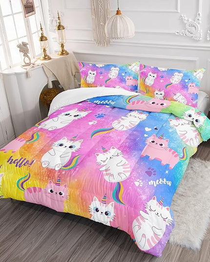 Axolotl Cat Bedding Full Cartoon Cat Comforter Set,Rainbow Printed Kids Bedding Set for Girls Kids Adults Teens,Kids Comforter Set All Season,1 Quilt 2 Pillow Cases,Colorful Pink Blue - LeafyLoom