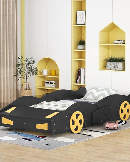 Twin Size Car Bed with Storage Space,Race Car-Shaped Platform Wooden Bedframe W/Wheels,No Box Spring Required,for Boys Toddlers Kids Child's Bedroom,Black+Yellow - LeafyLoom