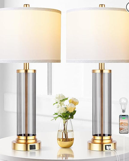 QiMH Touch Control Table Lamp Set of 2 with USB A+C Ports, 3-Way Dimmable Nightstand Lamp with Fabric Cream Shade, Modern Bedside Lamp for Living Room Bedroom Reading, LED Bulbs Included - LeafyLoom