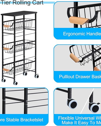 Slim Storage Cart, 4-Tier Narrow Rolling Cart，with Pull-Out Iron Basket, Sturdy Slim Storage Cabinet Iron and Wood Combination，Ideal for Kitchen, Bathroom, and Laundry Room, Black - LeafyLoom