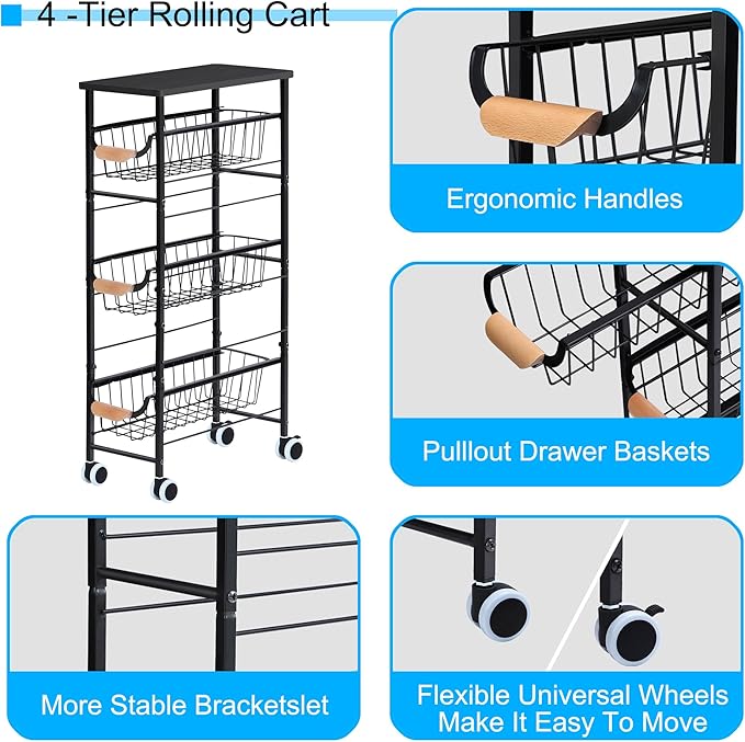 Slim Storage Cart, 4-Tier Narrow Rolling Cart，with Pull-Out Iron Basket, Sturdy Slim Storage Cabinet Iron and Wood Combination，Ideal for Kitchen, Bathroom, and Laundry Room, Black - LeafyLoom