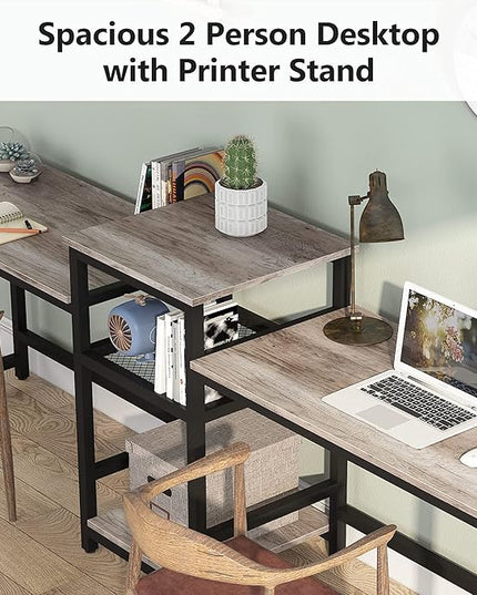 Tribesigns Extra Long Two Person Desk with Storage Shelves, 96.9 inch Double Computer Desks with Printer Shelf for 2 People, Rustic Writing Desk Workstation for Home Office - LeafyLoom