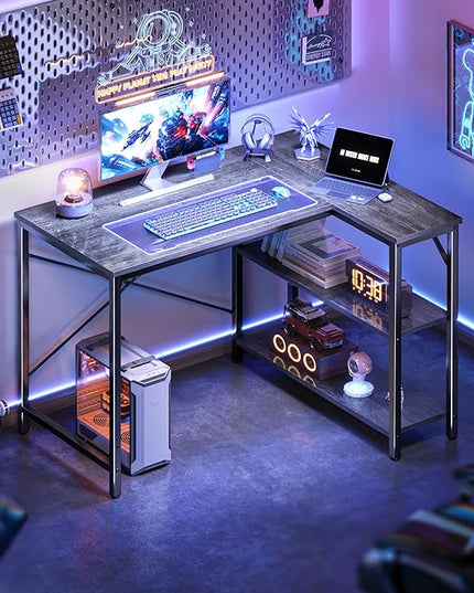 L Shaped Desk, 39 Inches Computer Desk with Reversible Storage Shelves, Gaming Desk, Corner Desk Home Office Desks, Writing Desk Study Desk with Metal Frame, Gray - LeafyLoom