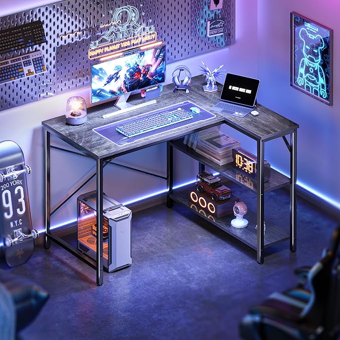 L Shaped Desk, 39 Inches Computer Desk with Reversible Storage Shelves, Gaming Desk, Corner Desk Home Office Desks, Writing Desk Study Desk with Metal Frame, Gray - LeafyLoom
