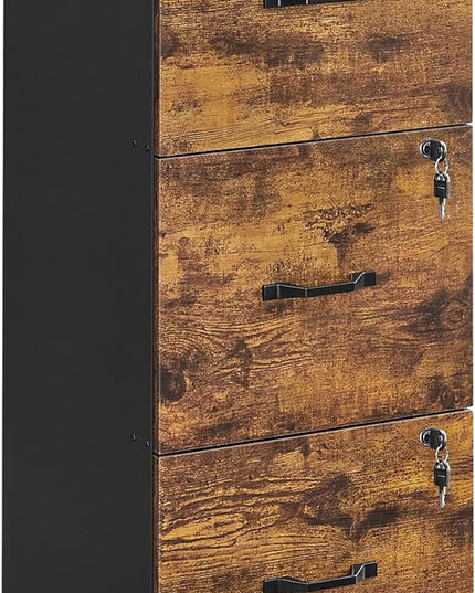 VASAGLE 3-Drawer Vertical File Cabinet, Filing Cabinet for Home Office, Printer Stand, with 3 Lockable Drawers, Adjustable Hanging Rail, for A4 and Letter-Size Files, Rustic Brown and Black UOFC055B01 - LeafyLoom