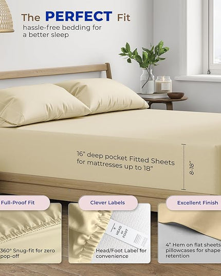 THREAD SPREAD Luxury Egyptian Cotton Sheets King Size - 600 Thread Count Sheets King 4 PC Luxury Sheets King Size, 16" Deep Pocket, Soft, Cooling Sateen Weave Hotel Luxury Bed Sheets Set - Sand - LeafyLoom