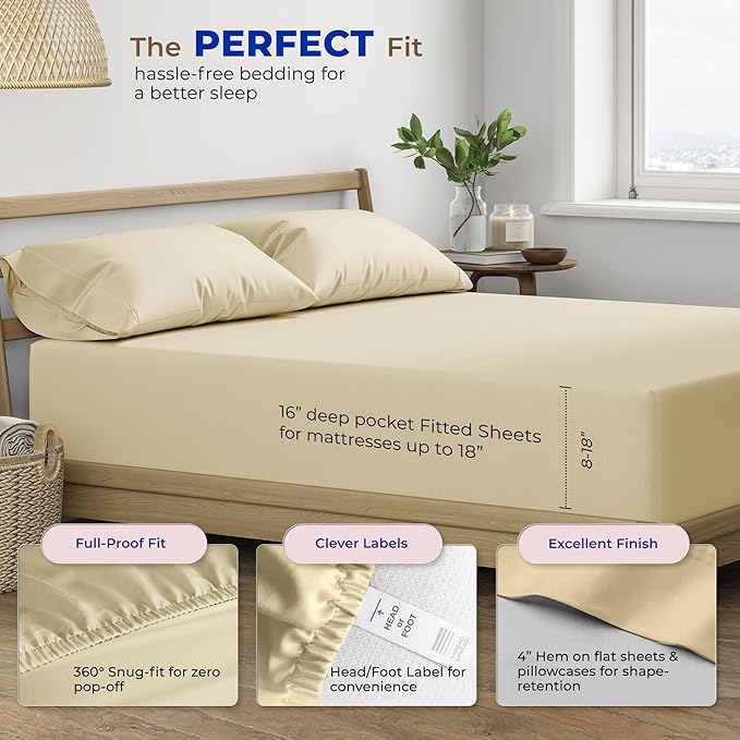 THREAD SPREAD 100% Egyptian Cotton Sheets Full Size - 600 Thread Count Sheets 4 PC 16" Deep Pocket Full Size Sheets Set, High Thread Count Soft Cooling Sateen Weave Hotel Luxury Sheets Set - Sand - LeafyLoom