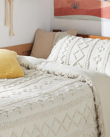 Bedsure Twin/Twin XL Comforter Set Dorm Bedding - Beige Boho Bedding Comforter Set, 2 Pieces Farmhouse Shabby Chic Embroidery Bed Set, Soft Jacquard Tufted Comforter for College - LeafyLoom