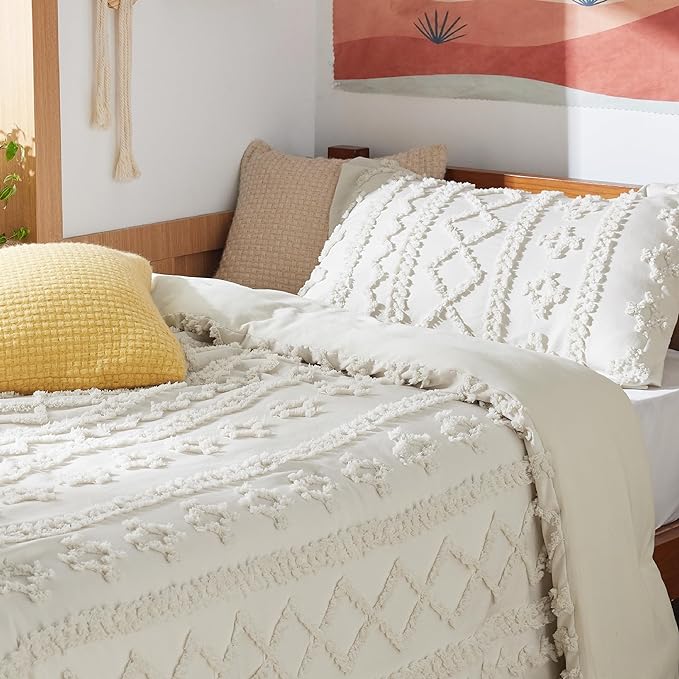 Bedsure Twin/Twin XL Comforter Set Dorm Bedding - Beige Boho Bedding Comforter Set, 2 Pieces Farmhouse Shabby Chic Embroidery Bed Set, Soft Jacquard Tufted Comforter for College - LeafyLoom
