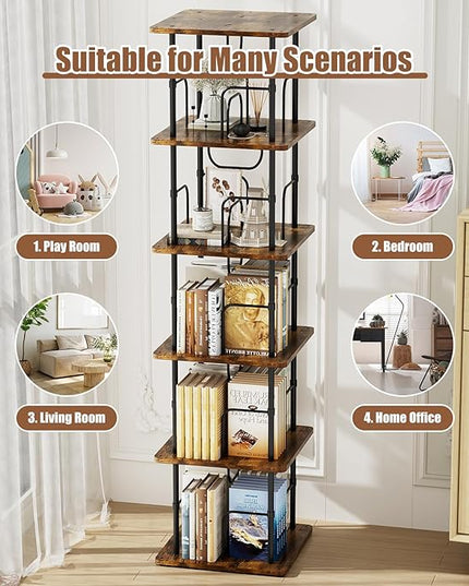 5 Tier Square Rotating Bookshelf, 360 ° Display Stackable Spinning Bookshelf Tower, Space Saving Tall Floor Standing Swivel Bookcase Corner Storage Organizer for Bedroom, Living Room, Rustic Brown - LeafyLoom