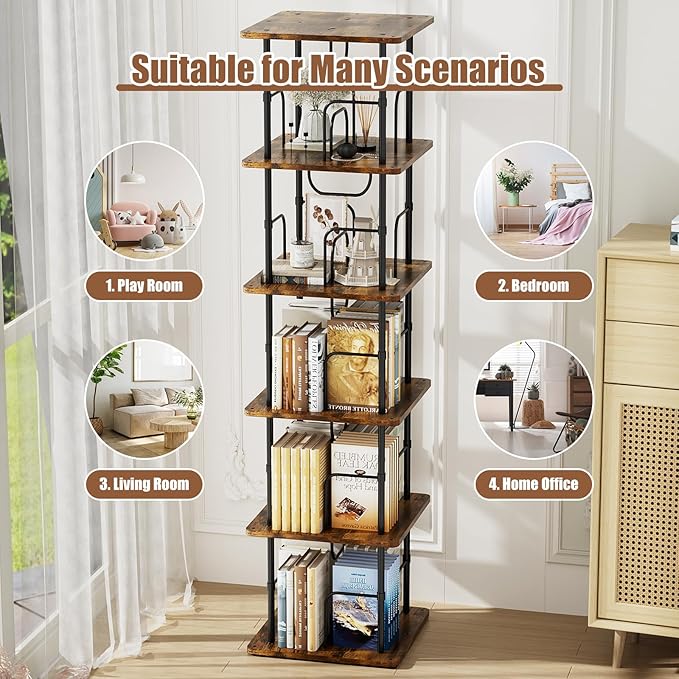 5 Tier Square Rotating Bookshelf, 360 ° Display Stackable Spinning Bookshelf Tower, Space Saving Tall Floor Standing Swivel Bookcase Corner Storage Organizer for Bedroom, Living Room, Rustic Brown - LeafyLoom