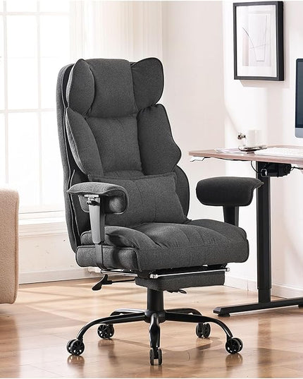 Fabric Office Chair, Big and Tall Office Chair 400 lb Weight Capacity, High Back Executive Office Chair with Foot Rest, Ergonomic Office Chair for Back Pain Relief, Dark Grey - LeafyLoom