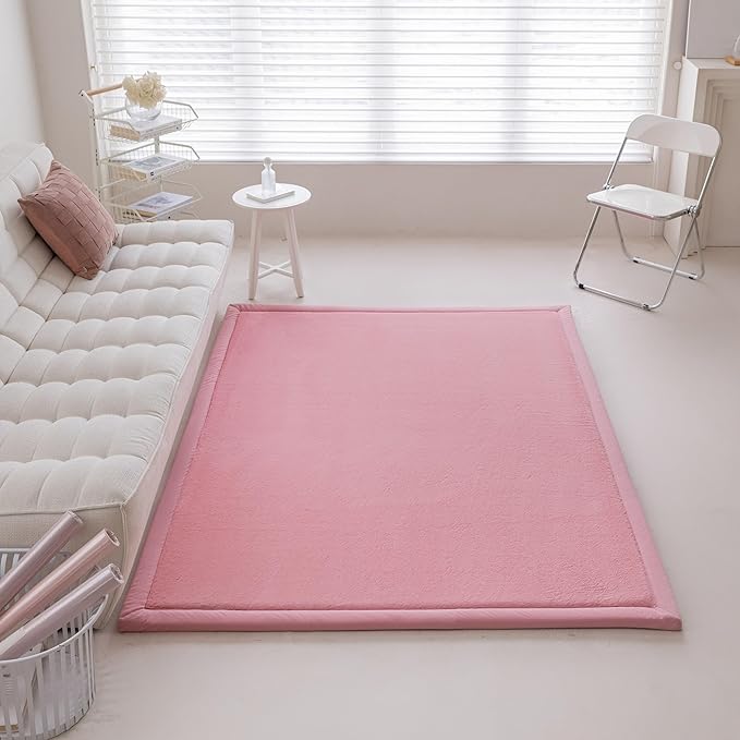Faux Rabbit Fur Rug - 1.18" Thick Soft Fluffy Area Rug, Non-Slip Memory Foam Crawling Mat, Light Pink, 78"x110" - LeafyLoom
