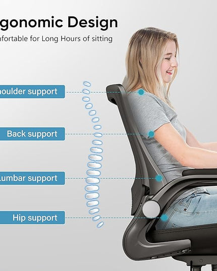 T29 Ergonomic Office Chair, Comfy Computer Desk Chair, Mesh Back Home Office Chair with PU Leather Padded, Adjustable Lumbar Support, Flip-up Arms,Swivel Wheels,Work Task Chair for Long Hours - LeafyLoom