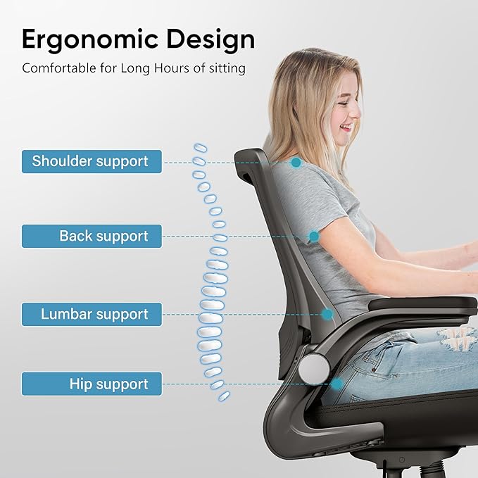 T29 Ergonomic Office Chair, Comfy Computer Desk Chair, Mesh Back Home Office Chair with PU Leather Padded, Adjustable Lumbar Support, Flip-up Arms,Swivel Wheels,Work Task Chair for Long Hours - LeafyLoom