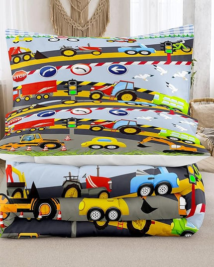 Tailor Shop Construction Vehicle Truck Comforter Set Full Size，Cartoon Excavator Bedding Sets Comforter Cover for Boys Childs Kids Teens ，Tractor Mixer Room Decor with 1 Comforter 2 Pillowcases - LeafyLoom