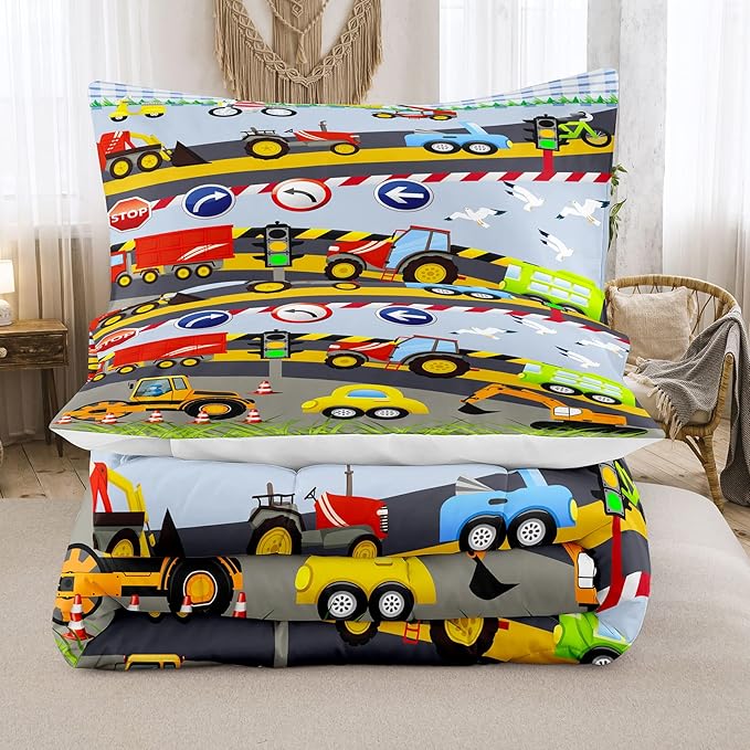 Tailor Shop Construction Vehicle Truck Comforter Set Full Size，Cartoon Excavator Bedding Sets Comforter Cover for Boys Childs Kids Teens ，Tractor Mixer Room Decor with 1 Comforter 2 Pillowcases - LeafyLoom