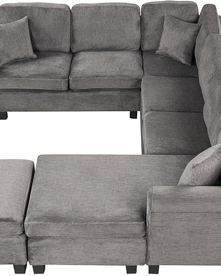 122.1" Modern U-Shape Sectional Sofa with Right Side Chaise & Removable Ottoman, Velvet Upholstered Couch w/ 3 Pillows, for Living Room, Apartment, 122.1 Inch, Dark Gray - LeafyLoom