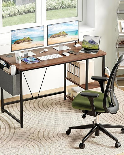 Computer Desk, 47.2” Home Office Desks, Modern Small Desk for Bedroom, Gaming Desk with Iron Hook and Height Adjustable Feet, Sturdy Student Writing Desk with Storage Bag, Storage Shelves - LeafyLoom