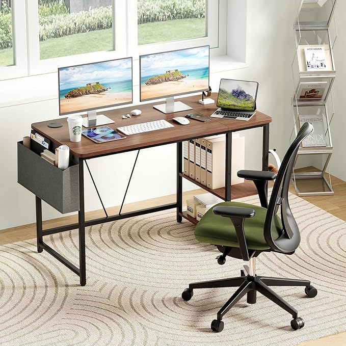 Computer Desk, 47.2” Home Office Desks, Modern Small Desk for Bedroom, Gaming Desk with Iron Hook and Height Adjustable Feet, Sturdy Student Writing Desk with Storage Bag, Storage Shelves - LeafyLoom