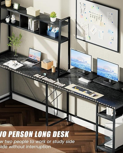 L-Shaped Gaming Desk with Hutch, Monitor Stands, Storage Shelves, LED Lights & Power Outlets - 94.5 inch Reversible Black Corner Computer Desk for Home Office - LeafyLoom