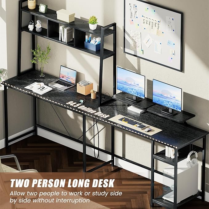 L-Shaped Gaming Desk with Hutch, Monitor Stands, Storage Shelves, LED Lights & Power Outlets - 94.5 inch Reversible Black Corner Computer Desk for Home Office - LeafyLoom
