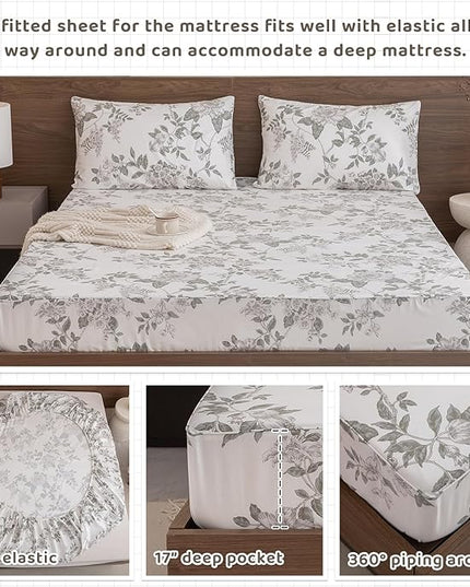 QSH Floral Egyptian Cotton Sheets King Size - Green Botanical Bedding Sheets Flower Pattern Printed Bedding King Size Bed Sheets 17.5" Extra Deep Pocket 4pcs - LeafyLoom