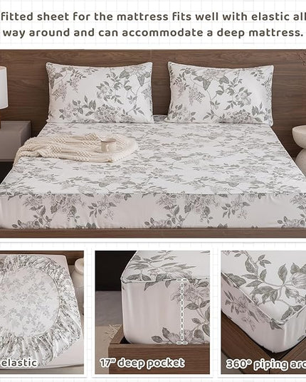 QSH Floral Egyptian Cotton Sheets Queen Size - Green Botanical Elegant Flower Pattern Printed Bedding Sheets Queen Size Bed Extra Soft and Breathable 4pcs Deep Pockets Bed Sheets - LeafyLoom