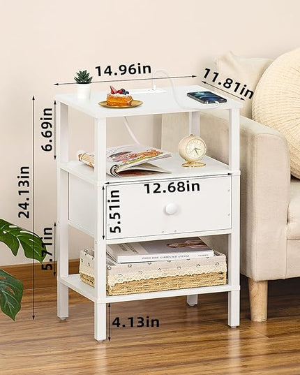 Lerliuo Nightstand with Charging Station and USB Ports, 3-Tier Storage End Table with Drawer Shelf, Night Stand for Small Spaces, Wood Bedside Table for Living Room, Bedroom - Elegant White - LeafyLoom