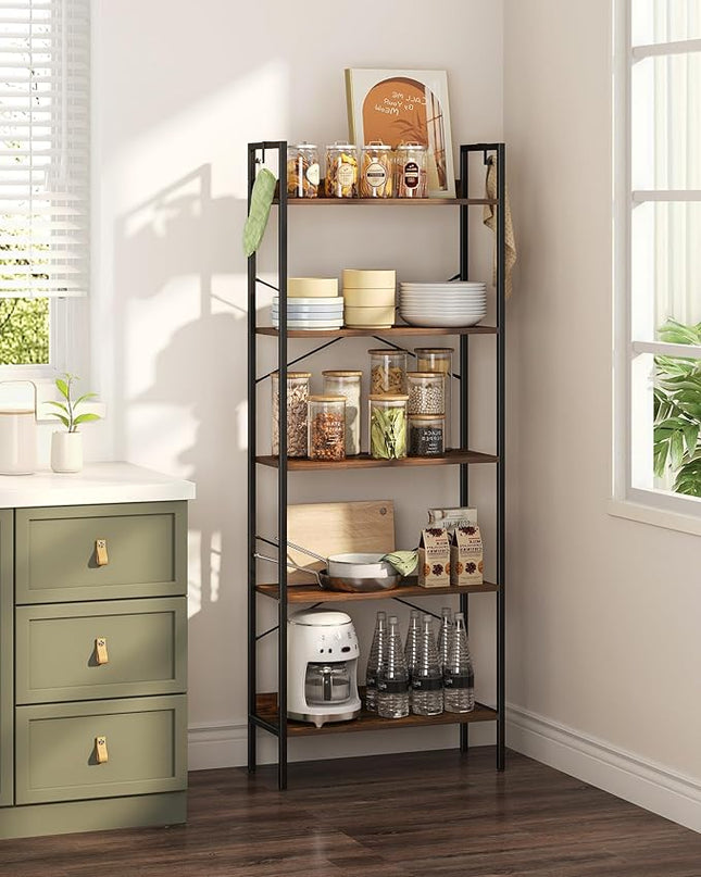 Bookshelf, Book Shelf, Industrial Bookcase with 2 Hooks, Coner Shelf Storage Organizer for Home Office, Living Room, Bedroom, Kitchen, 5-Tier Rustic Brown BC22501B - LeafyLoom