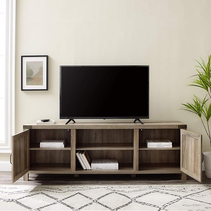 Walker Edison Georgetown Modern Farmhouse Double Barn Door TV Stand for TVs up to 80 Inches, 70 Inch, Grey Wash, Without Fireplace & Sedalia Modern Farmhouse Metal X Side Table, 18 Inch, Grey Wash - LeafyLoom