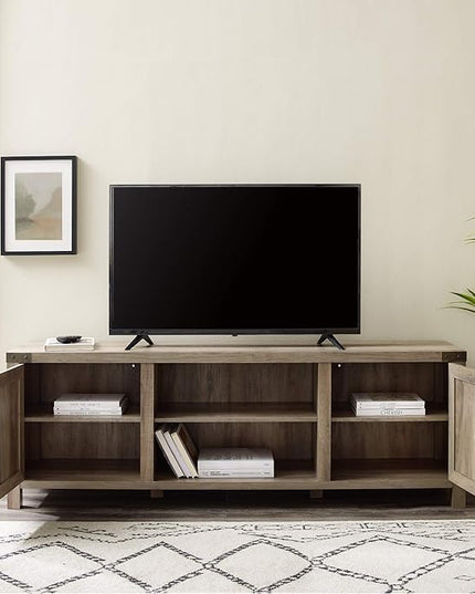 Walker Edison Georgetown Modern Farmhouse Double Barn Door Stand for TVs up to 80 Inches, 70 Inch, Grey Wash - LeafyLoom