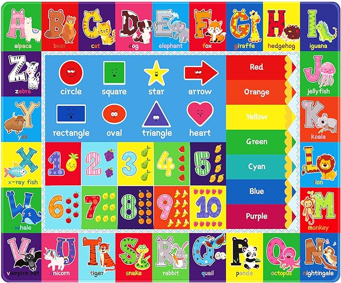 Baby Play Mat Kids Rug for Playroom, Playtime Collection ABC, Numbers, Animals, Rainbow and Shapes Educational Area Rugs for Kids Room Classroom, 59x 39.4 inch - LeafyLoom